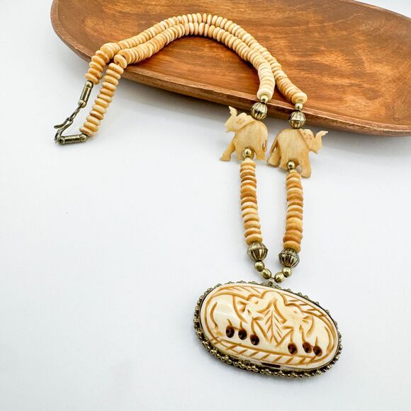 Carved Elephant Pendant Necklace Tribal Ethnic Organic Bead Brass Tone Statement - Picture 4 of 11